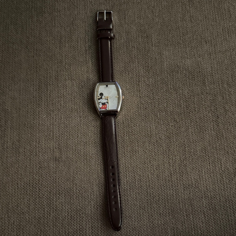 Disney Mickey Mouse Men's Watch with Brown Strap and Red Accents